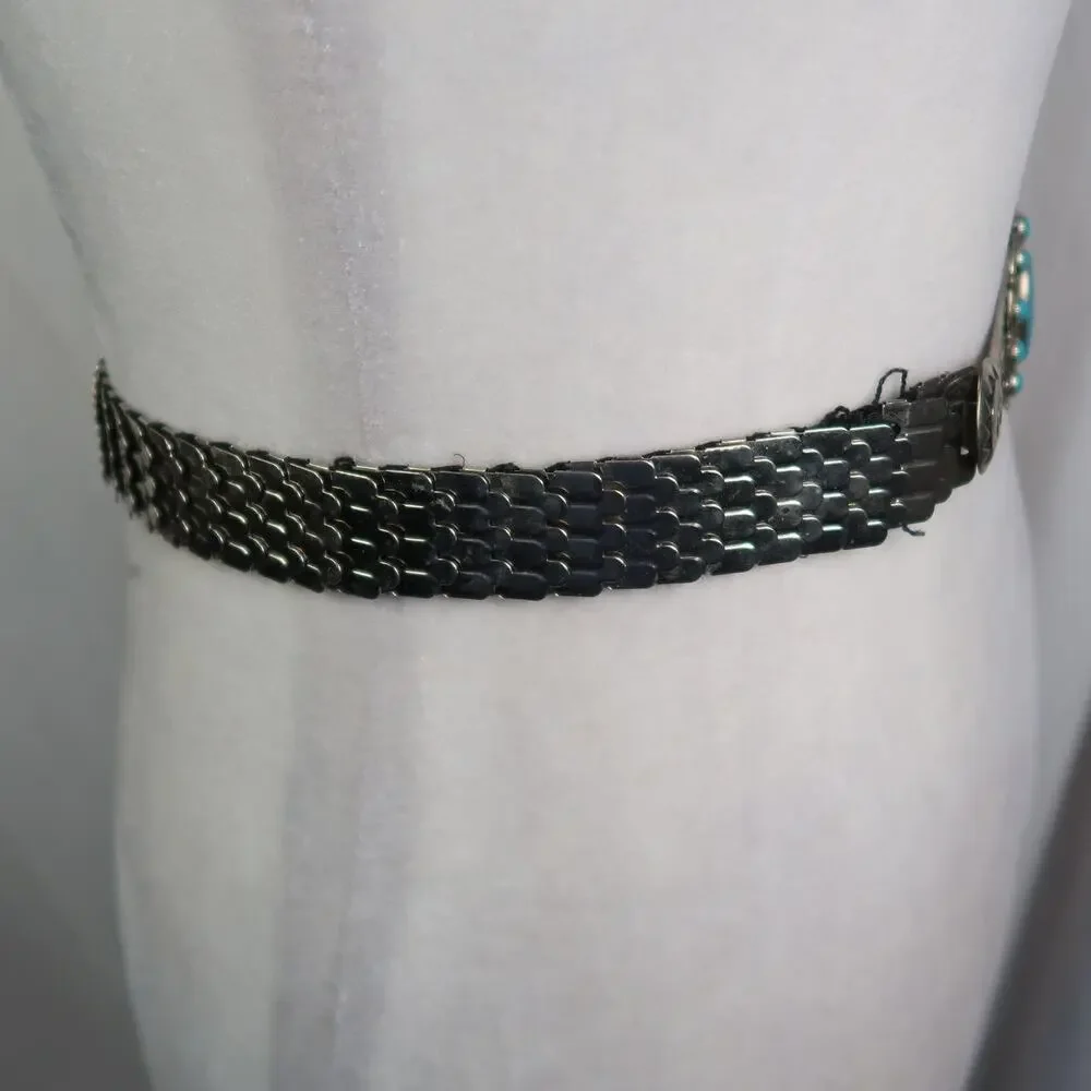 Vintage 80s Silver Nickel Metal Stretch Belt Turquoise Gem Buckle Southwestern